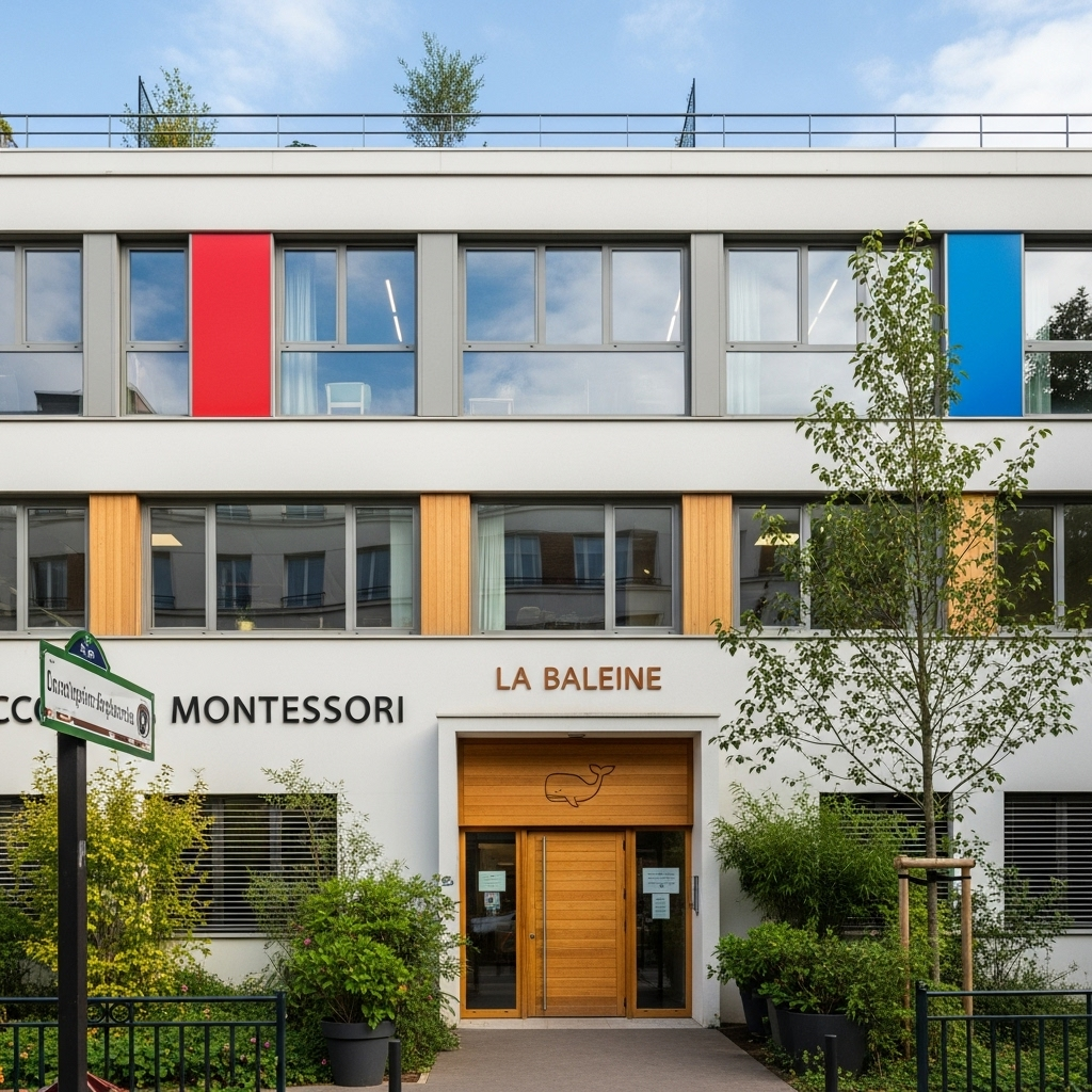 A modern building front featuring the sign "LA BALEINE" and red, blue, and wooden accents, surrounded by greenery and a street sign.