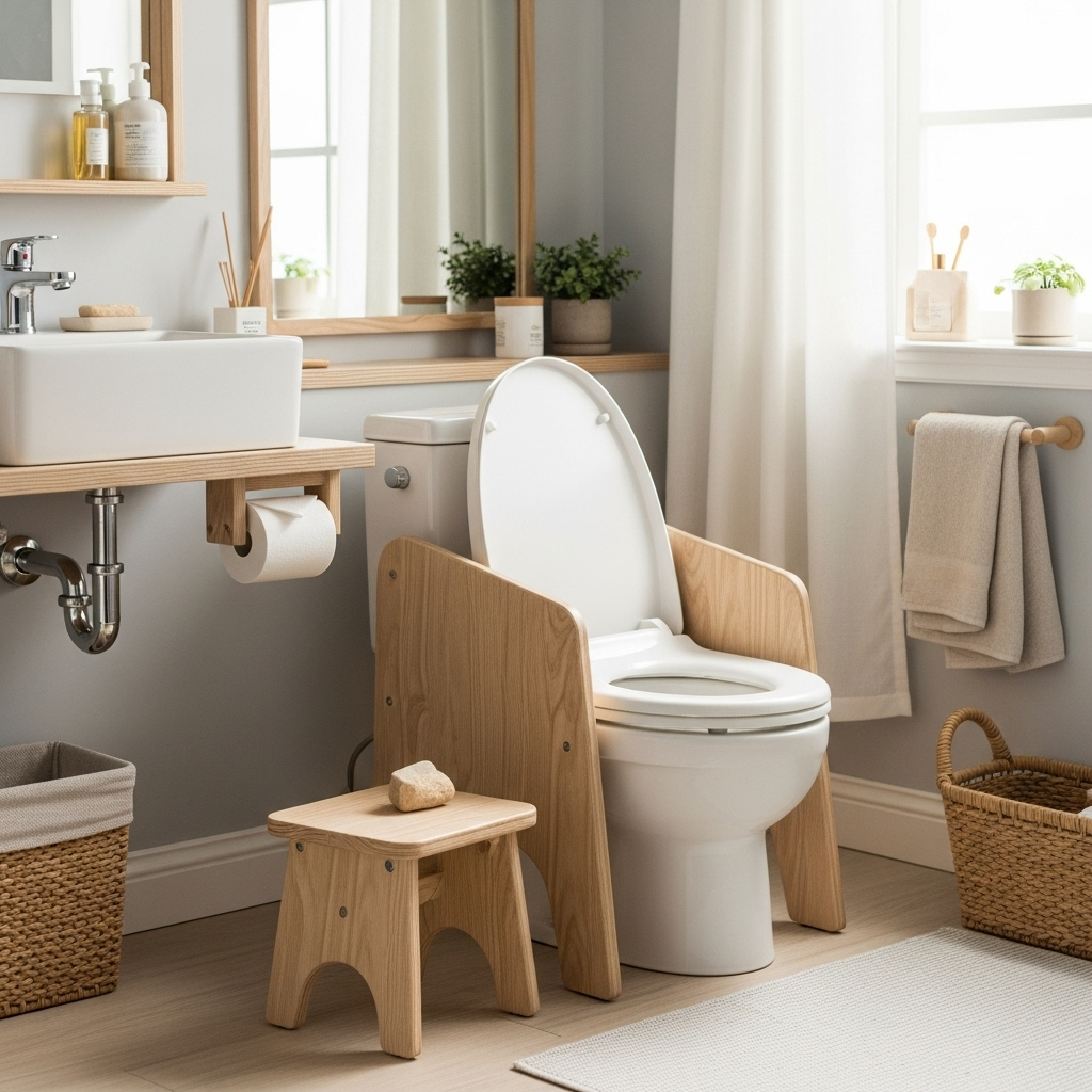 A stylish bathroom featuring a wooden toilet seat with armrests, a pedestal sink, and natural decor elements like plants and woven baskets.