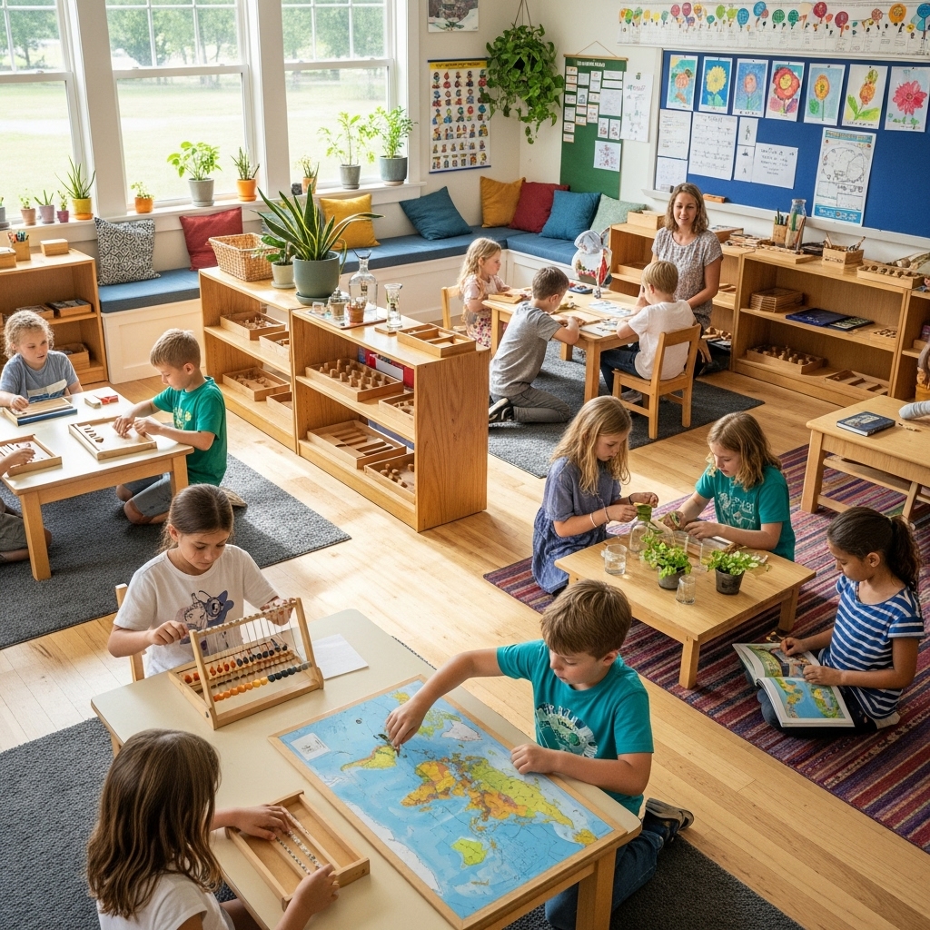 Children engaged in various educational activities in a bright, colorful classroom setting with a teacher facilitating learning.
