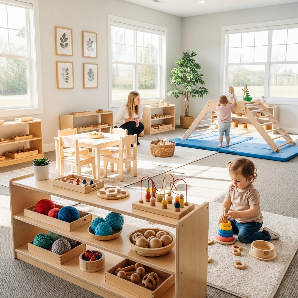 A bright, inviting playroom features wooden toys and educational activities, with a caregiver supervising as children explore and play.